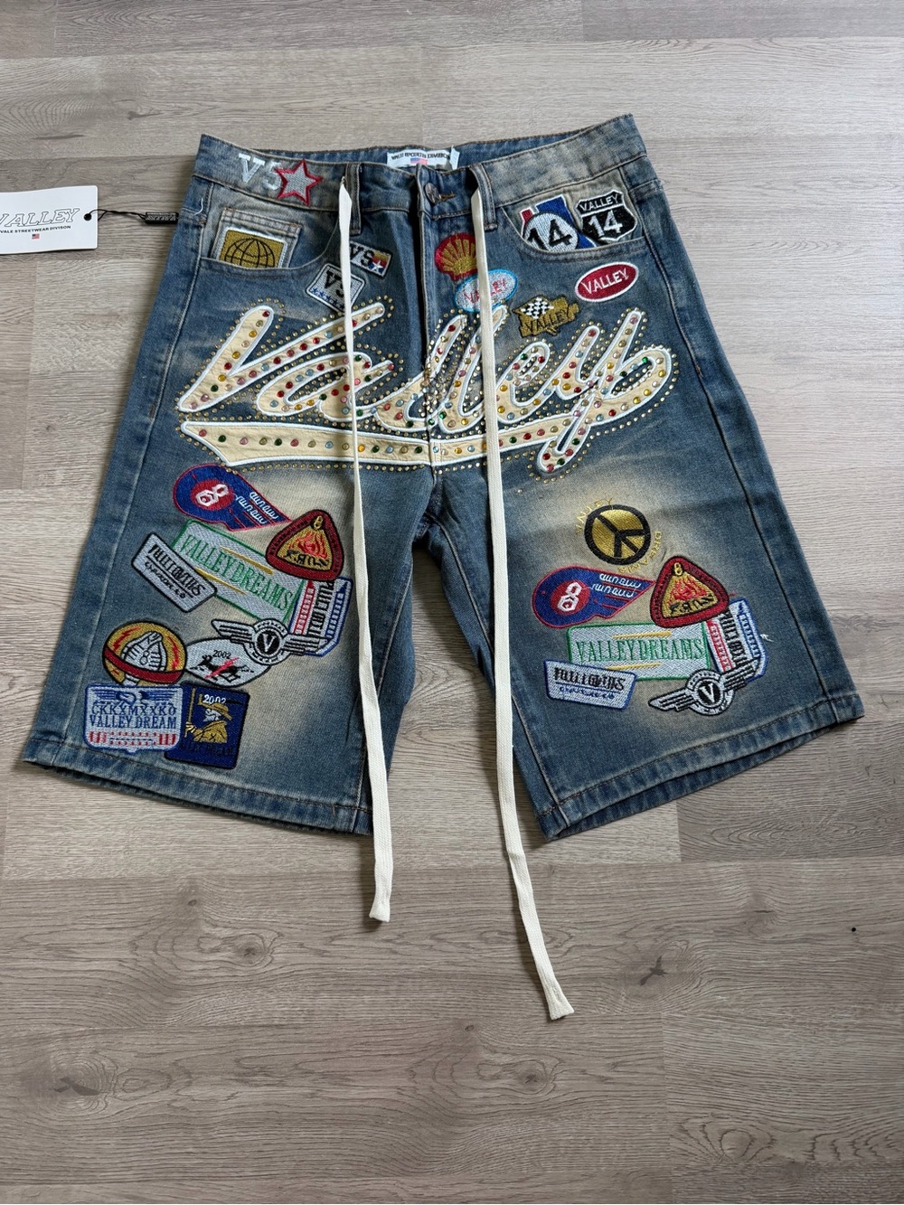 Valley Embellished Blue Denim Patchwork Men’s Shorts